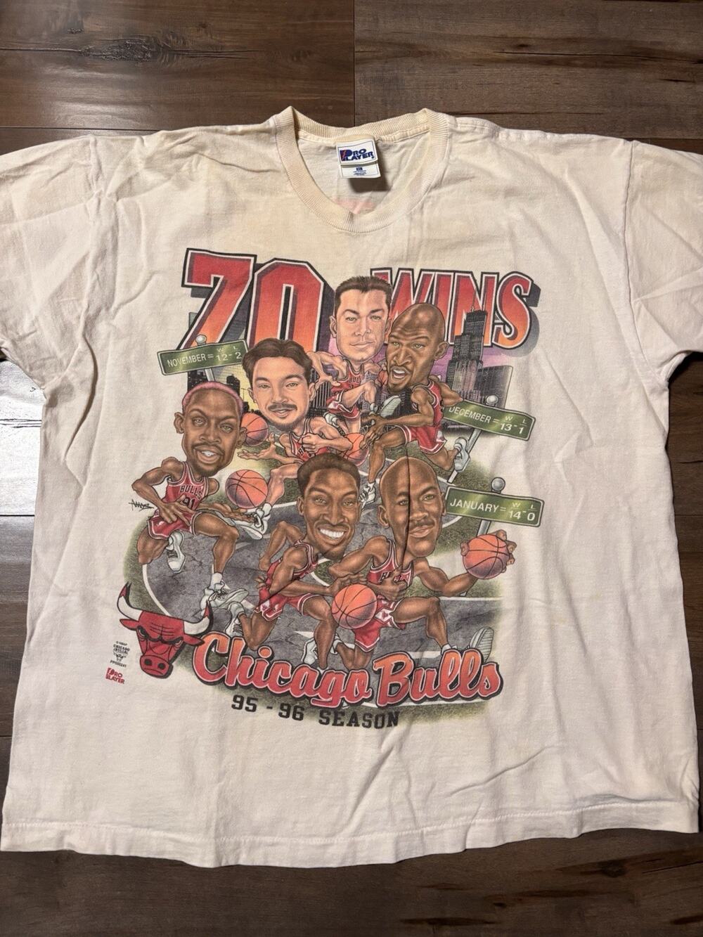 Chicago Bulls 1995-96 Jordan Caricatur XL T-Shirt 70 Win Pro Player True VTG USA